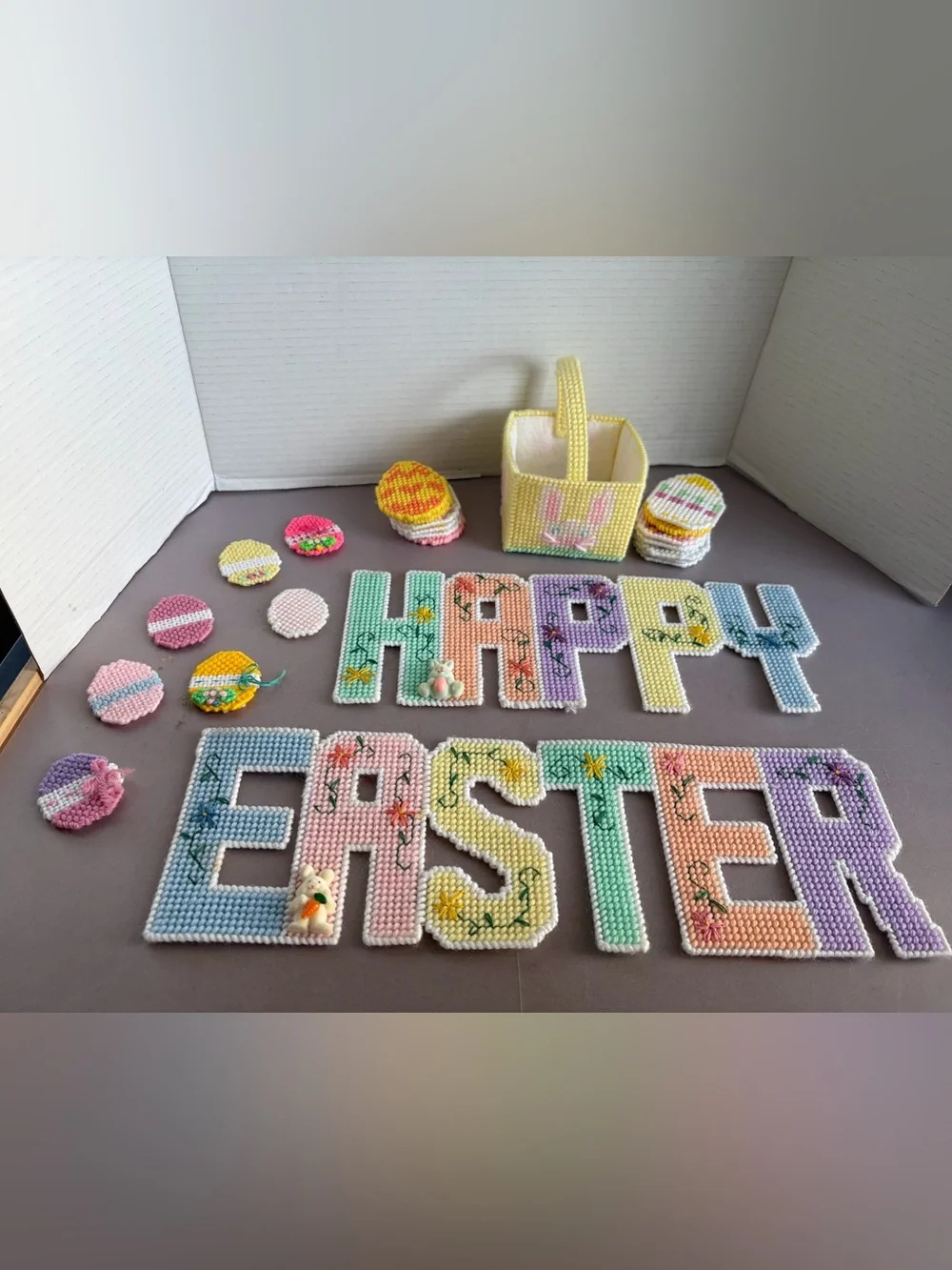 Vintage Handmade Pastel 'Happy Easter' Banner and Basket Set